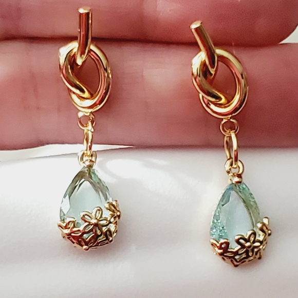 925 earrings ice blue real gold plated flowers aquamarine topaz knot crystal - Picture 6 of 15